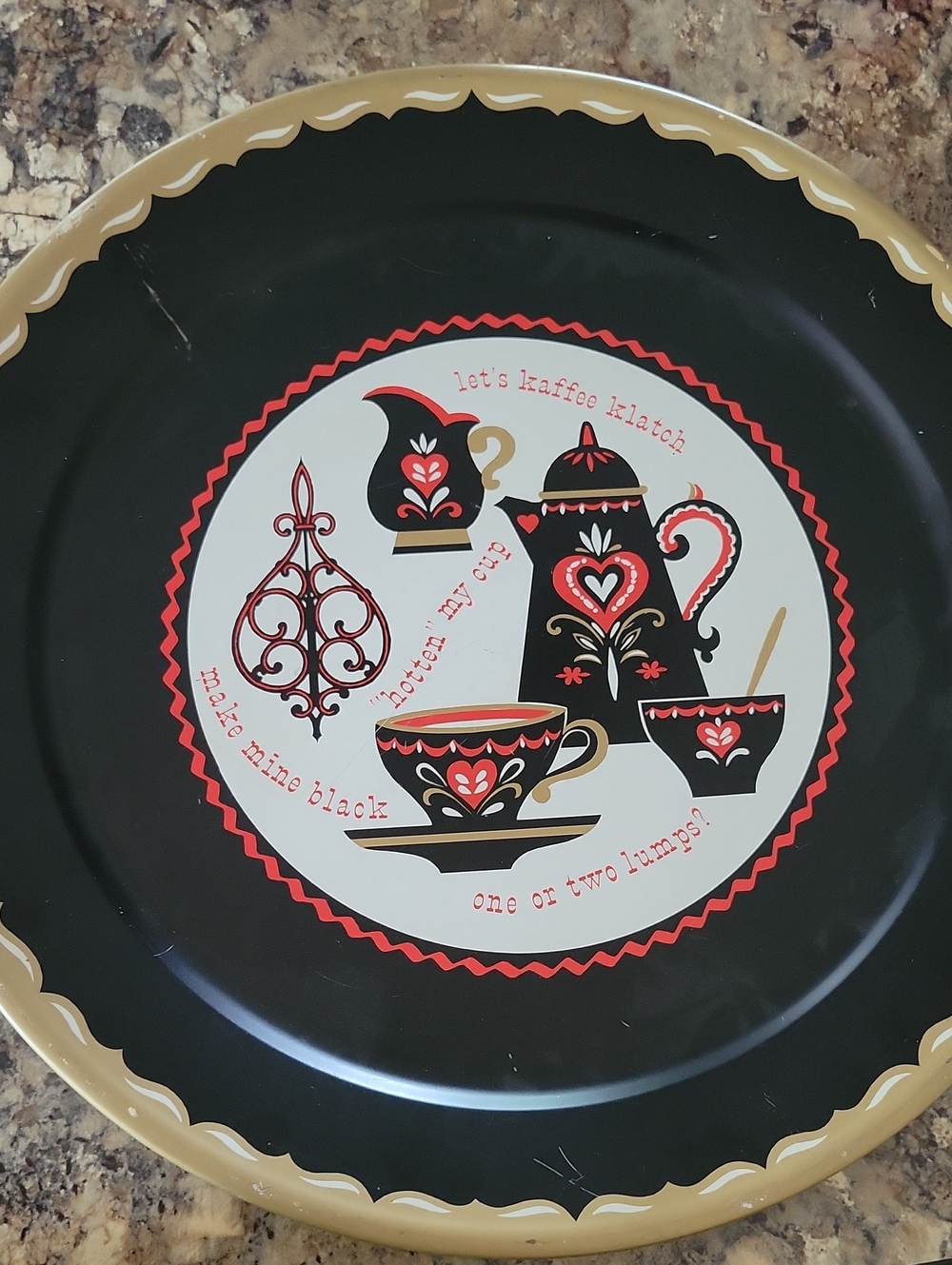 Vintage Black Decorative Tea Tray with Red & Gold Accents